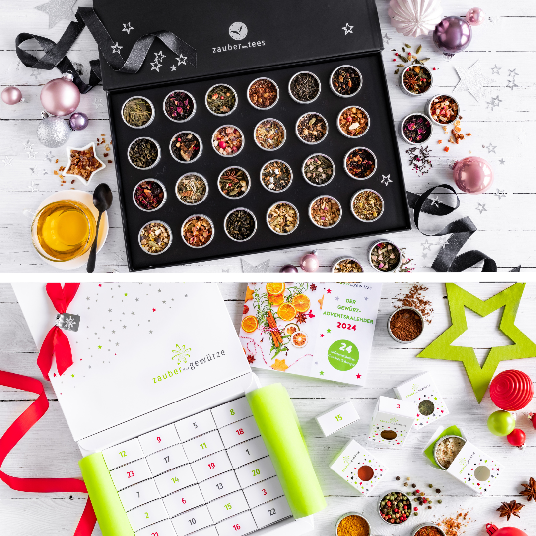 Gewürz Adventskalender weiß und Tee Adventskalender Set